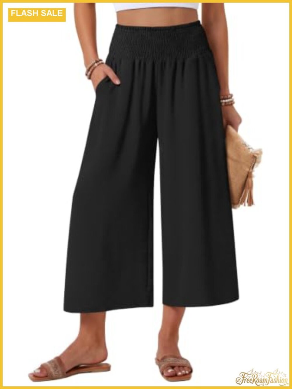Womens Wide Leg Capri Palazzo Pants Flowy Gaucho Boho with Pockets 100%